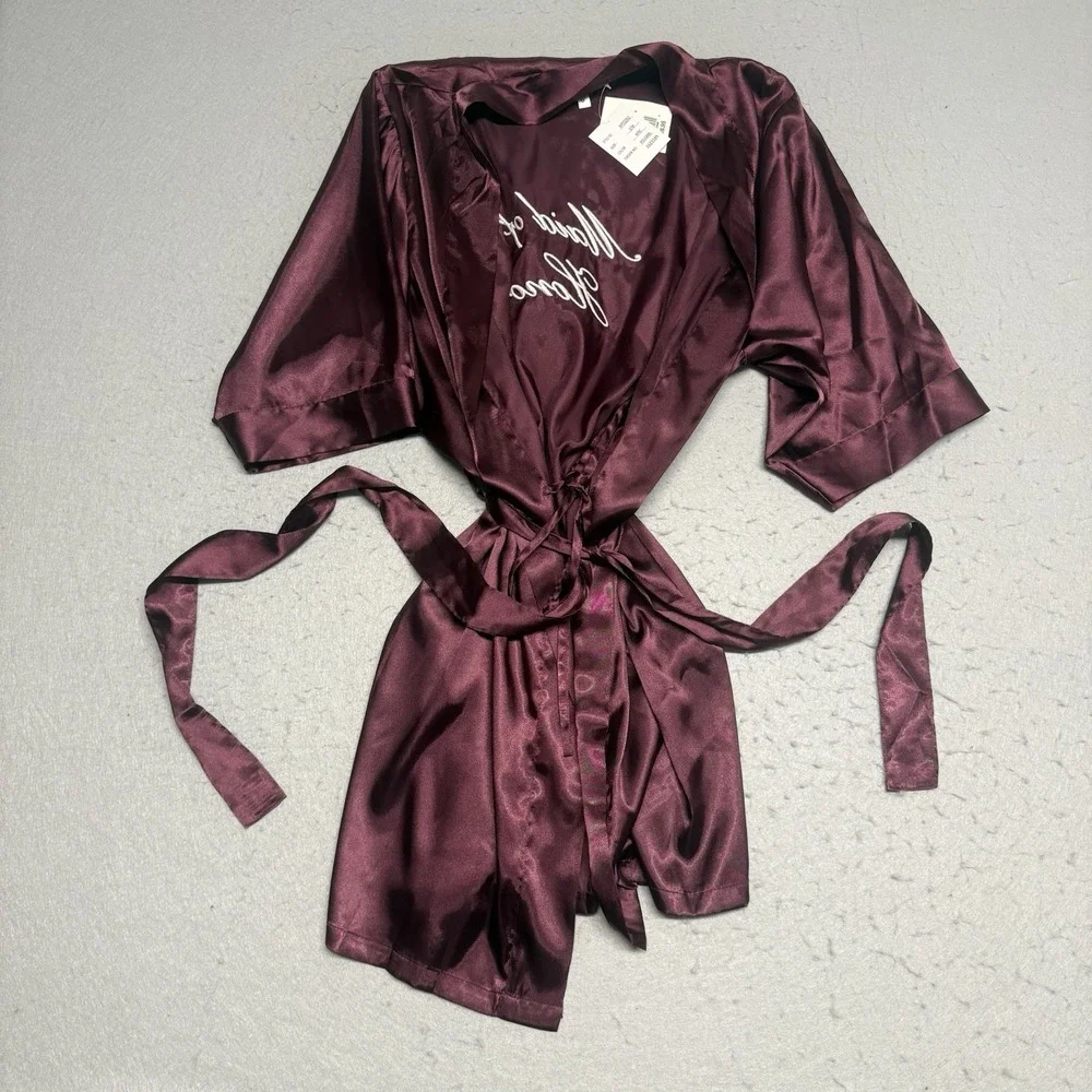 Davids Bridal Satin Silk Burgundy Maid Of Honor Robe Size S NWT - Picture 6 of 6